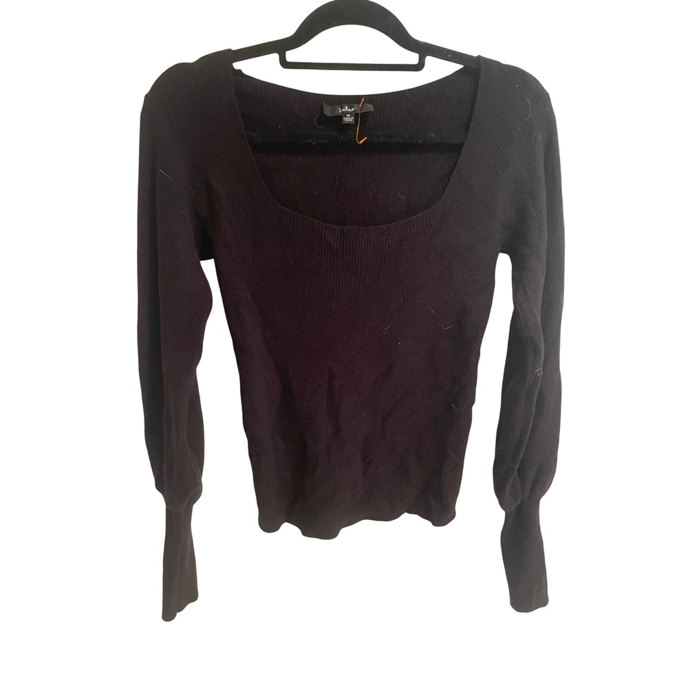 Lulus Black Ribbed Knit Square Neck Puff Sleeve Sweater Top Womens Medium